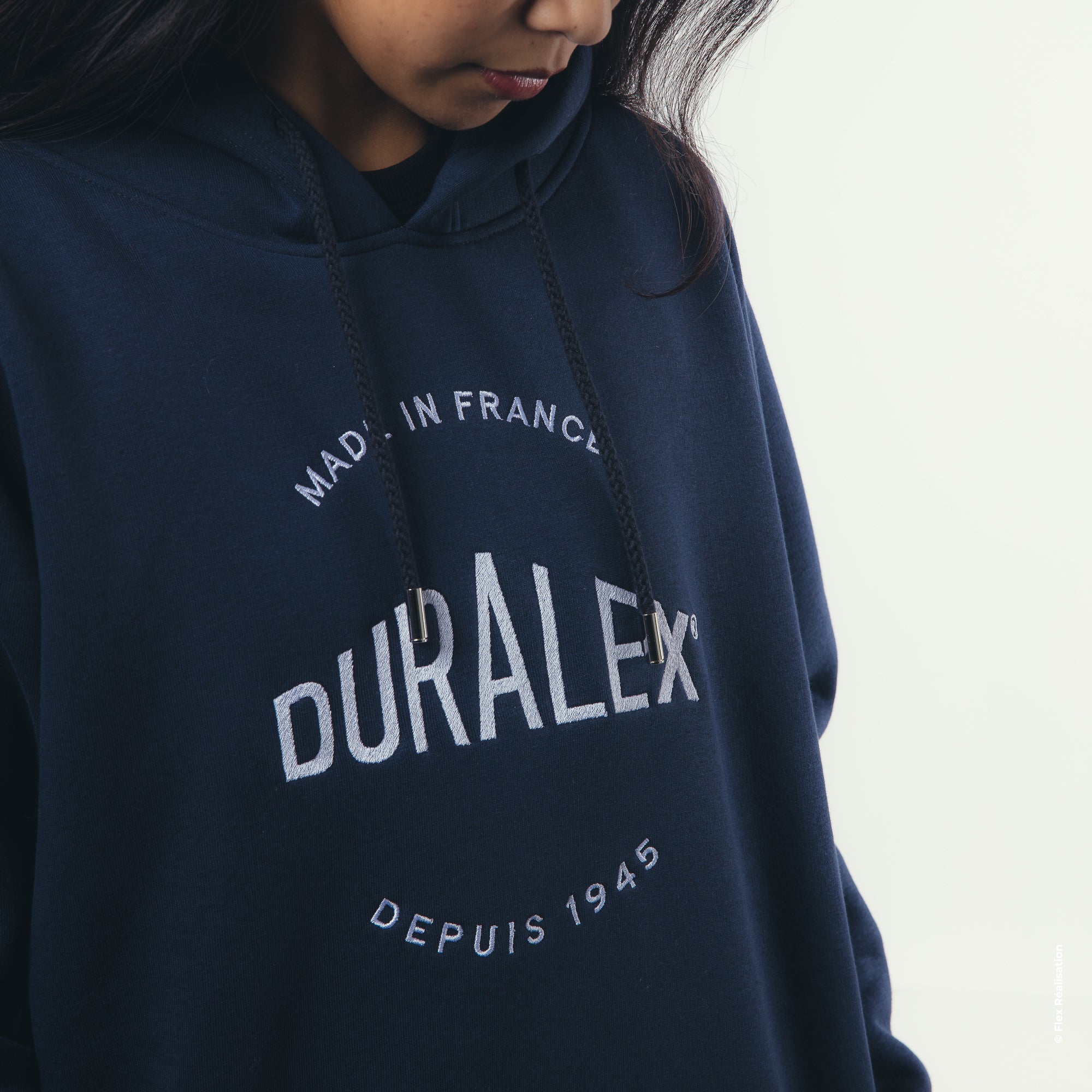 Sweat bleu - Broderie Duralex blanche - Taille L