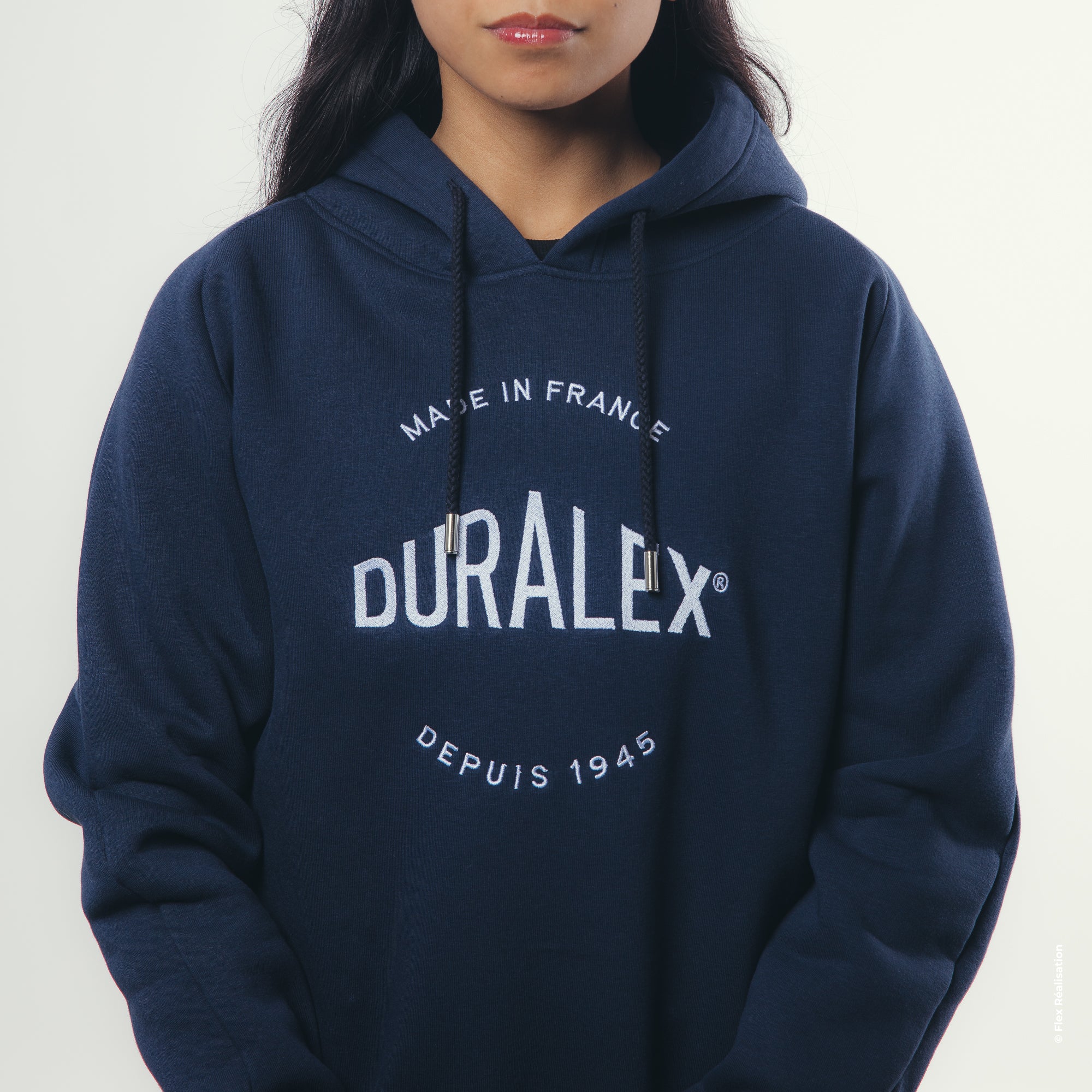 Sweat bleu - Broderie Duralex blanche - Taille L